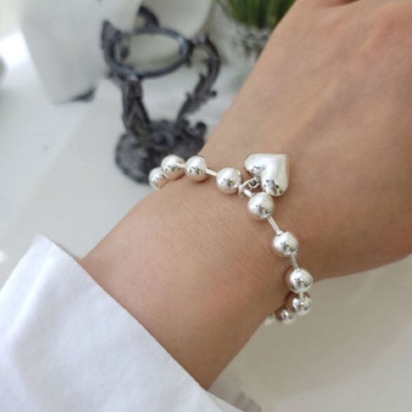 Jewelry - 925 Sterling Silver Chunky Silver Heart Beaded Bracelet Statement Bead Bracelet